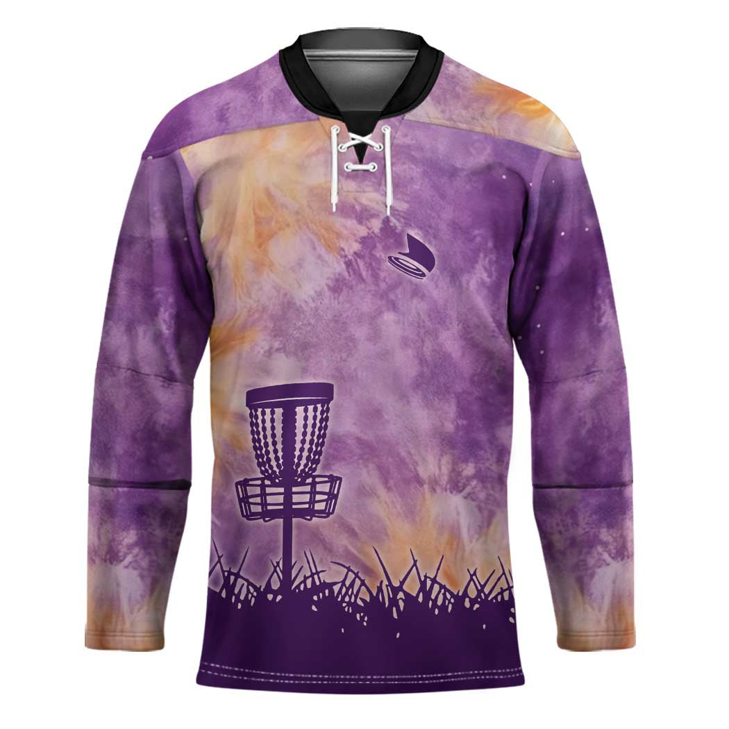 Custom Disc Golf Hockey Jersey with Purple Sunset Tie Dye Basket and Player Silhouette - Wonder Print Shop