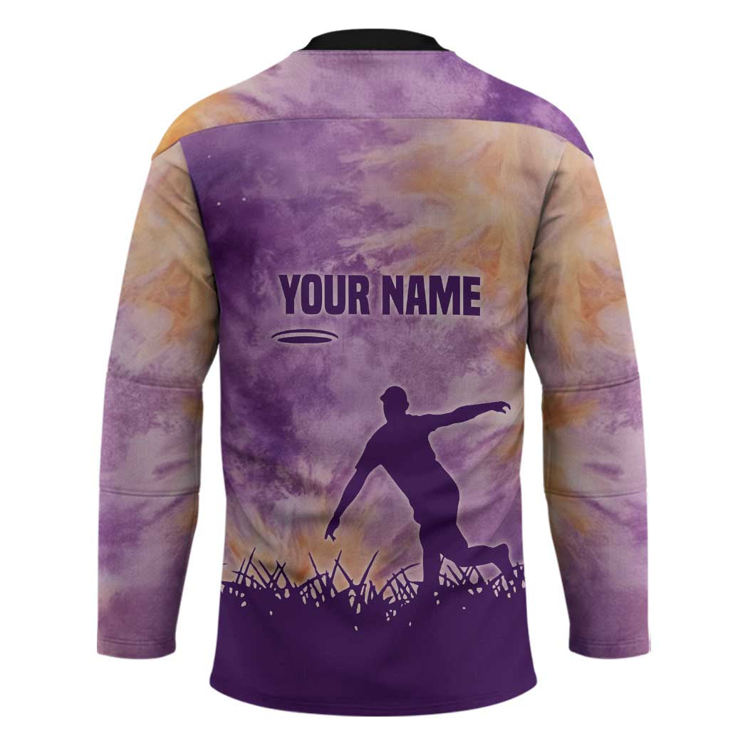 Custom Disc Golf Hockey Jersey with Purple Sunset Tie Dye Basket and Player Silhouette - Wonder Print Shop