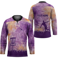 Custom Disc Golf Hockey Jersey with Purple Sunset Tie Dye Basket and Player Silhouette - Wonder Print Shop