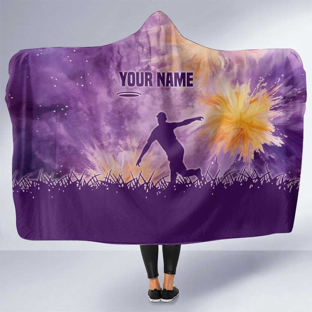 Custom Disc Golf Hooded Blanket with Purple Sunset Tie Dye Basket and Player Silhouette - Wonder Print Shop