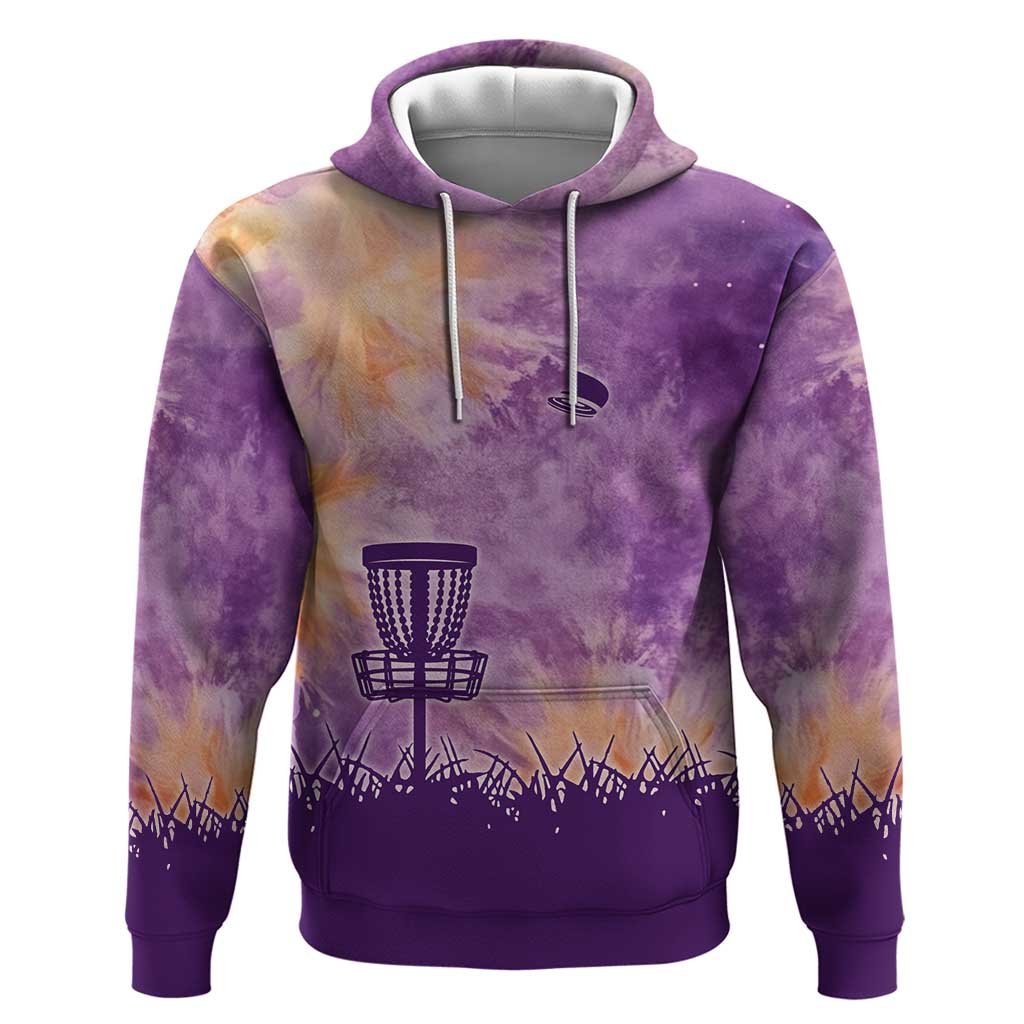 Custom Disc Golf Hoodie with Purple Sunset Tie Dye Basket and Player Silhouette - Wonder Print Shop