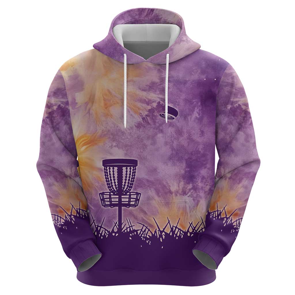 Custom Disc Golf Hoodie with Purple Sunset Tie Dye Basket and Player Silhouette - Wonder Print Shop