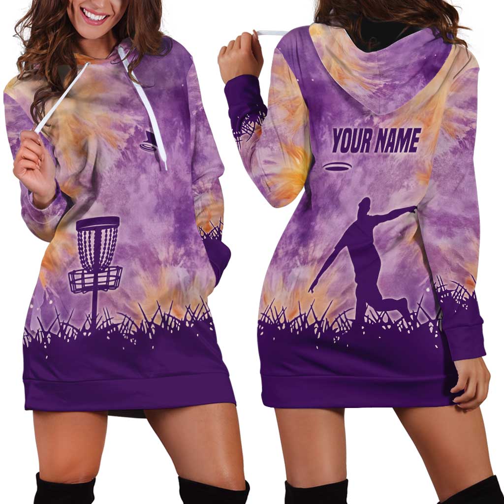 Custom Disc Golf Hoodie Dress with Purple Sunset Tie Dye Basket and Player Silhouette - Wonder Print Shop