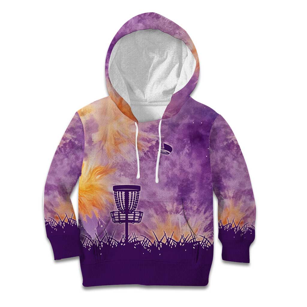 Custom Disc Golf Kid Hoodie with Purple Sunset Tie Dye Basket and Player Silhouette - Wonder Print Shop
