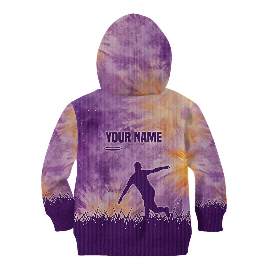 Custom Disc Golf Kid Hoodie with Purple Sunset Tie Dye Basket and Player Silhouette - Wonder Print Shop