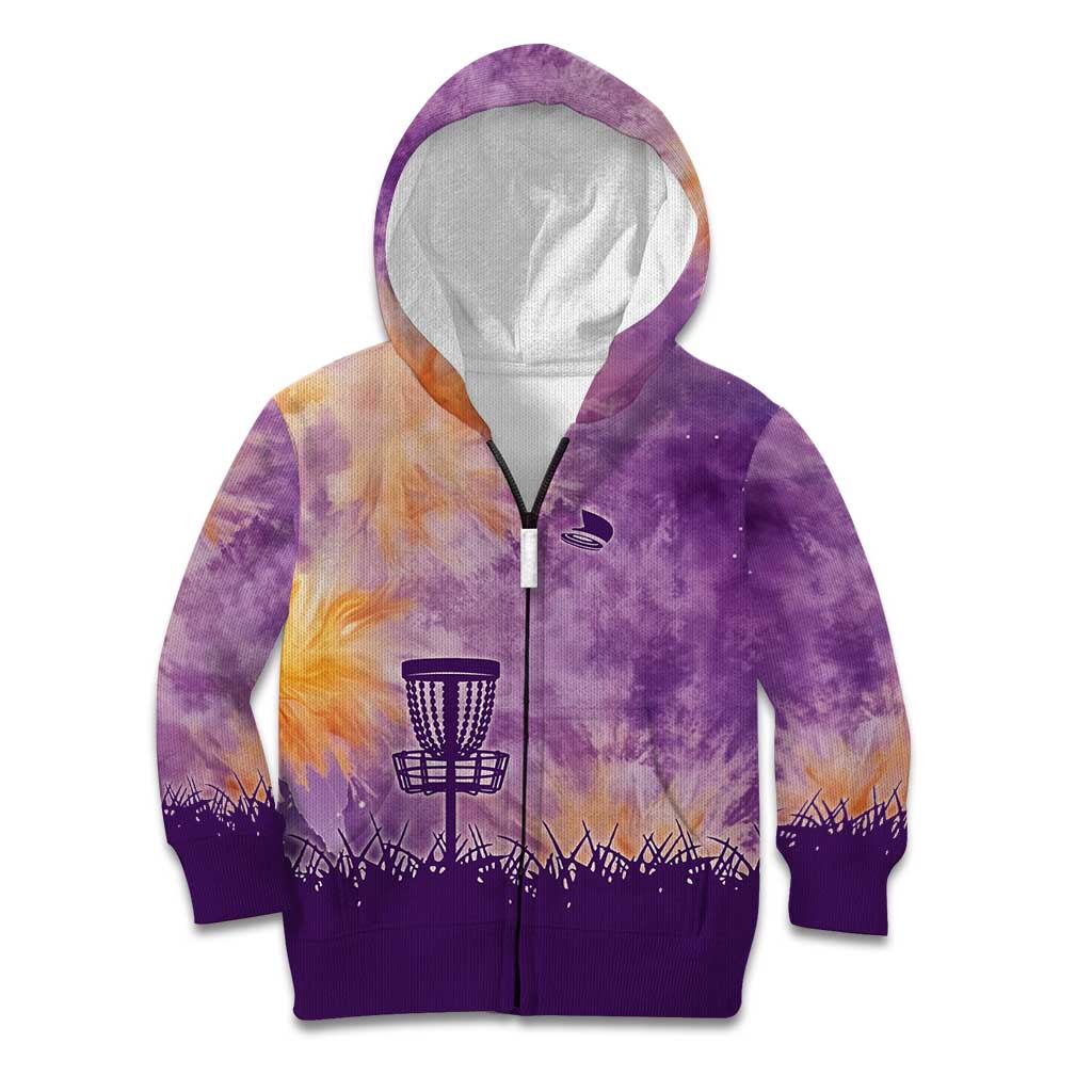 Custom Disc Golf Kid Hoodie with Purple Sunset Tie Dye Basket and Player Silhouette - Wonder Print Shop