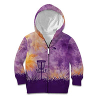 Custom Disc Golf Kid Hoodie with Purple Sunset Tie Dye Basket and Player Silhouette - Wonder Print Shop