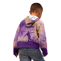 Custom Disc Golf Kid Hoodie with Purple Sunset Tie Dye Basket and Player Silhouette - Wonder Print Shop