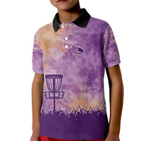 Custom Disc Golf Kid Polo Shirt with Purple Sunset Tie Dye Basket and Player Silhouette - Wonder Print Shop