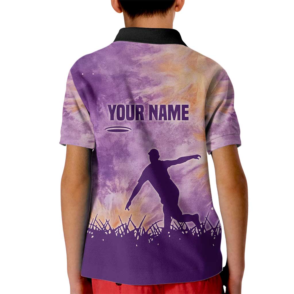 Custom Disc Golf Kid Polo Shirt with Purple Sunset Tie Dye Basket and Player Silhouette - Wonder Print Shop