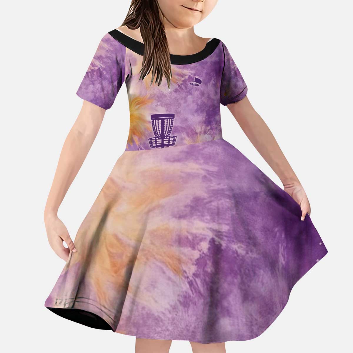 Custom Disc Golf Kid Short Sleeve Dress with Purple Sunset Tie Dye Basket and Player Silhouette - Wonder Print Shop