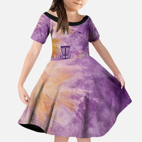 Custom Disc Golf Kid Short Sleeve Dress with Purple Sunset Tie Dye Basket and Player Silhouette - Wonder Print Shop
