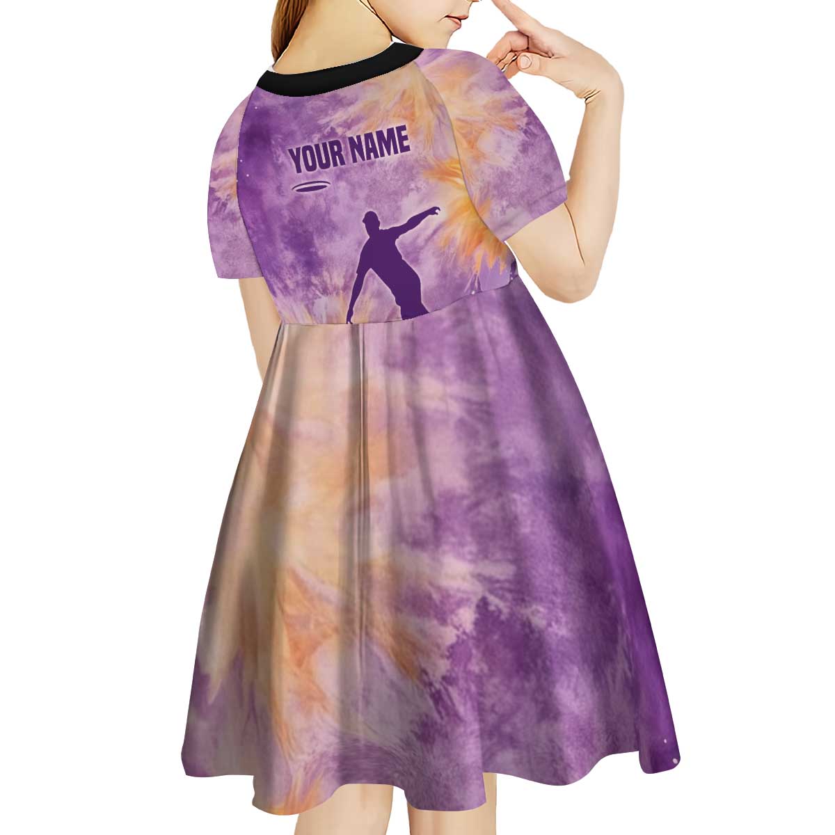 Custom Disc Golf Kid Short Sleeve Dress with Purple Sunset Tie Dye Basket and Player Silhouette - Wonder Print Shop