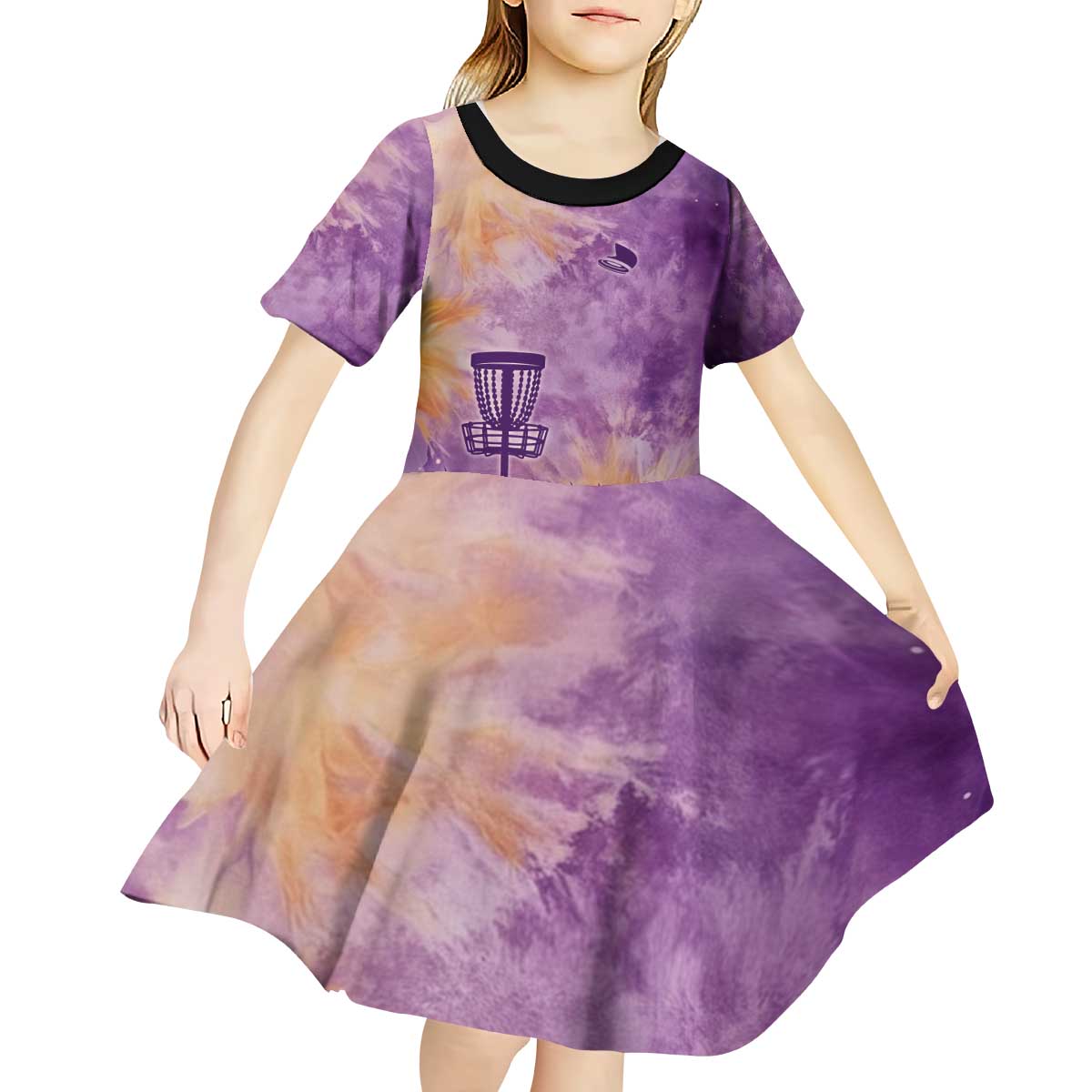 Custom Disc Golf Kid Short Sleeve Dress with Purple Sunset Tie Dye Basket and Player Silhouette - Wonder Print Shop