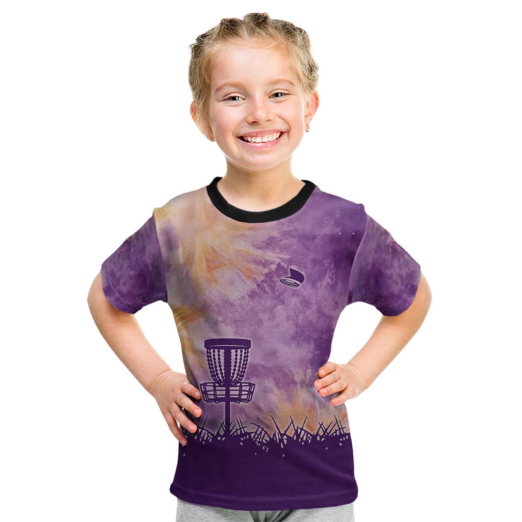 Custom Disc Golf Kid T Shirt with Purple Sunset Tie Dye Basket and Player Silhouette - Wonder Print Shop