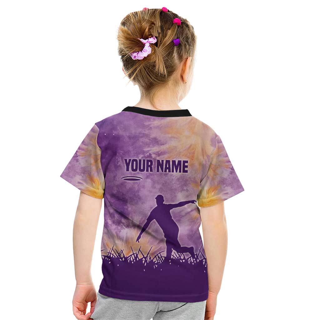 Custom Disc Golf Kid T Shirt with Purple Sunset Tie Dye Basket and Player Silhouette - Wonder Print Shop