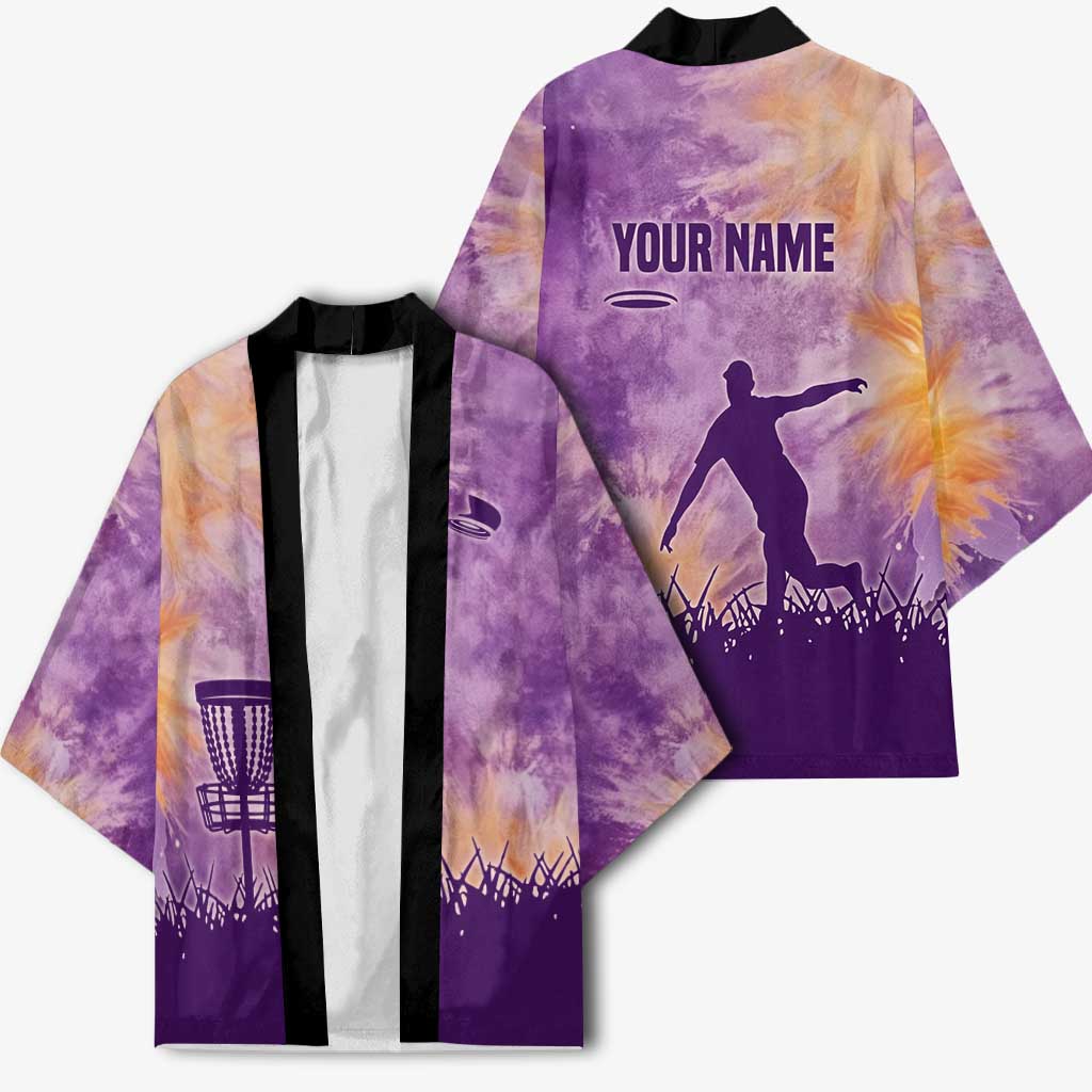 Custom Disc Golf Kimono with Purple Sunset Tie Dye Basket and Player Silhouette - Wonder Print Shop