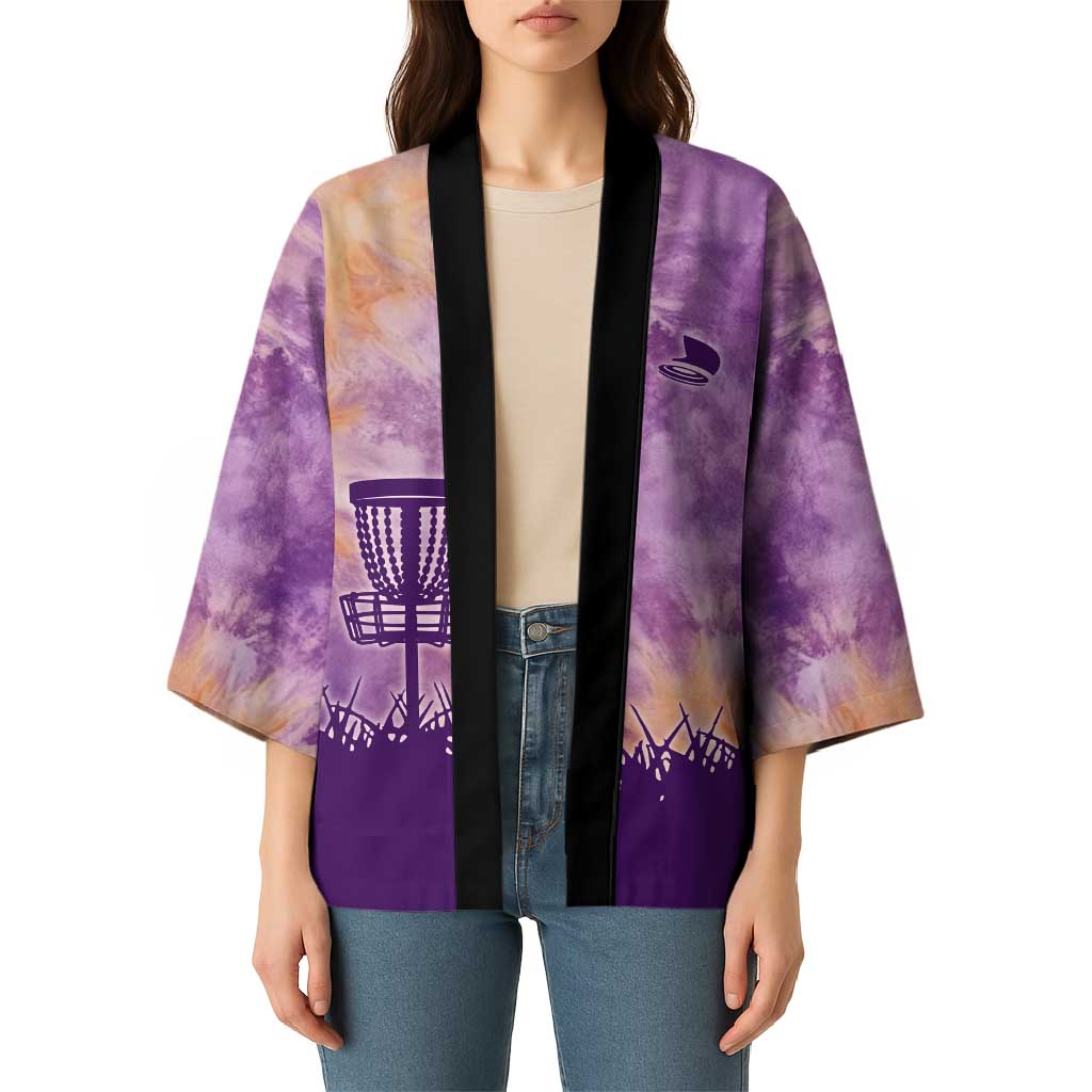 Custom Disc Golf Kimono with Purple Sunset Tie Dye Basket and Player Silhouette - Wonder Print Shop