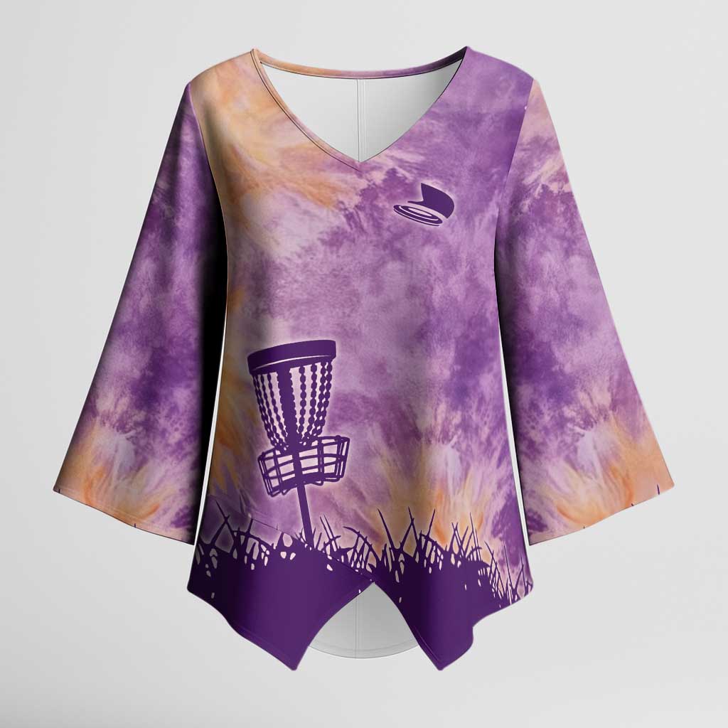 Custom Disc Golf Kimono Sleeve Blouse with Purple Sunset Tie Dye Basket and Player Silhouette - Wonder Print Shop
