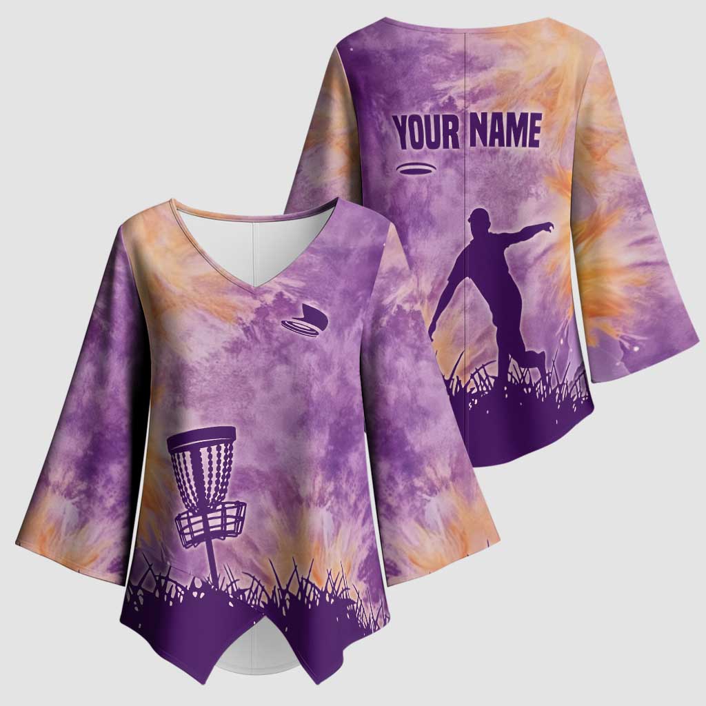 Custom Disc Golf Kimono Sleeve Blouse with Purple Sunset Tie Dye Basket and Player Silhouette - Wonder Print Shop