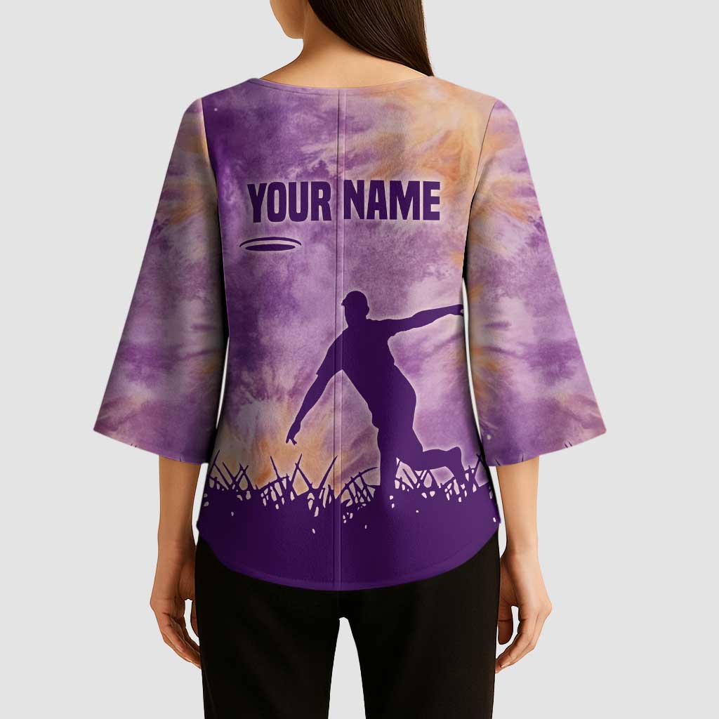 Custom Disc Golf Kimono Sleeve Blouse with Purple Sunset Tie Dye Basket and Player Silhouette - Wonder Print Shop