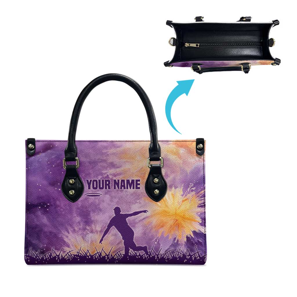 Custom Disc Golf Leather Bag with Purple Sunset Tie Dye Basket and Player Silhouette - Wonder Print Shop