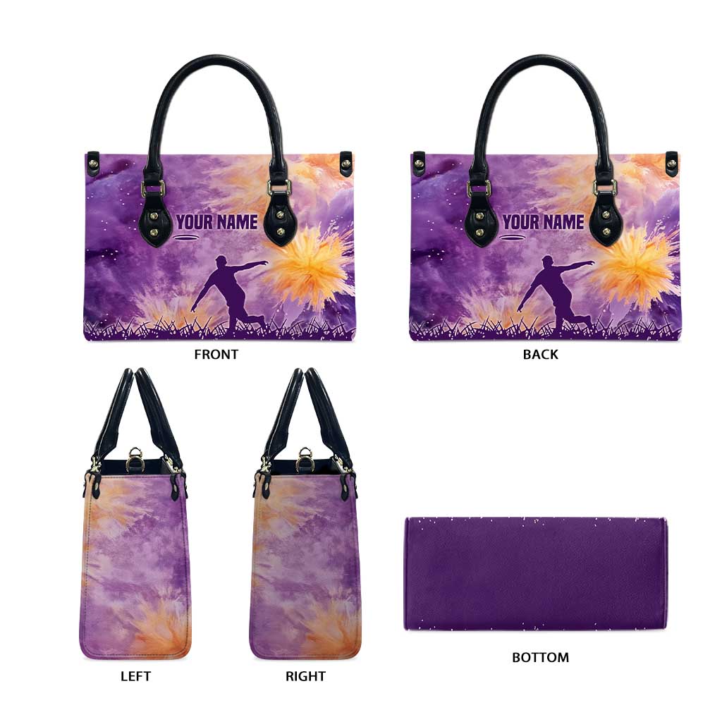 Custom Disc Golf Leather Bag with Purple Sunset Tie Dye Basket and Player Silhouette - Wonder Print Shop