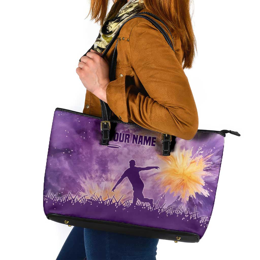 Custom Disc Golf Leather Tote Bag with Purple Sunset Tie Dye Basket and Player Silhouette - Wonder Print Shop