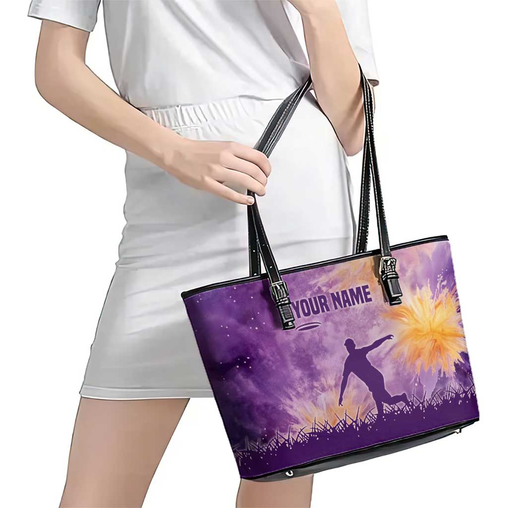 Custom Disc Golf Leather Tote Bag with Purple Sunset Tie Dye Basket and Player Silhouette - Wonder Print Shop