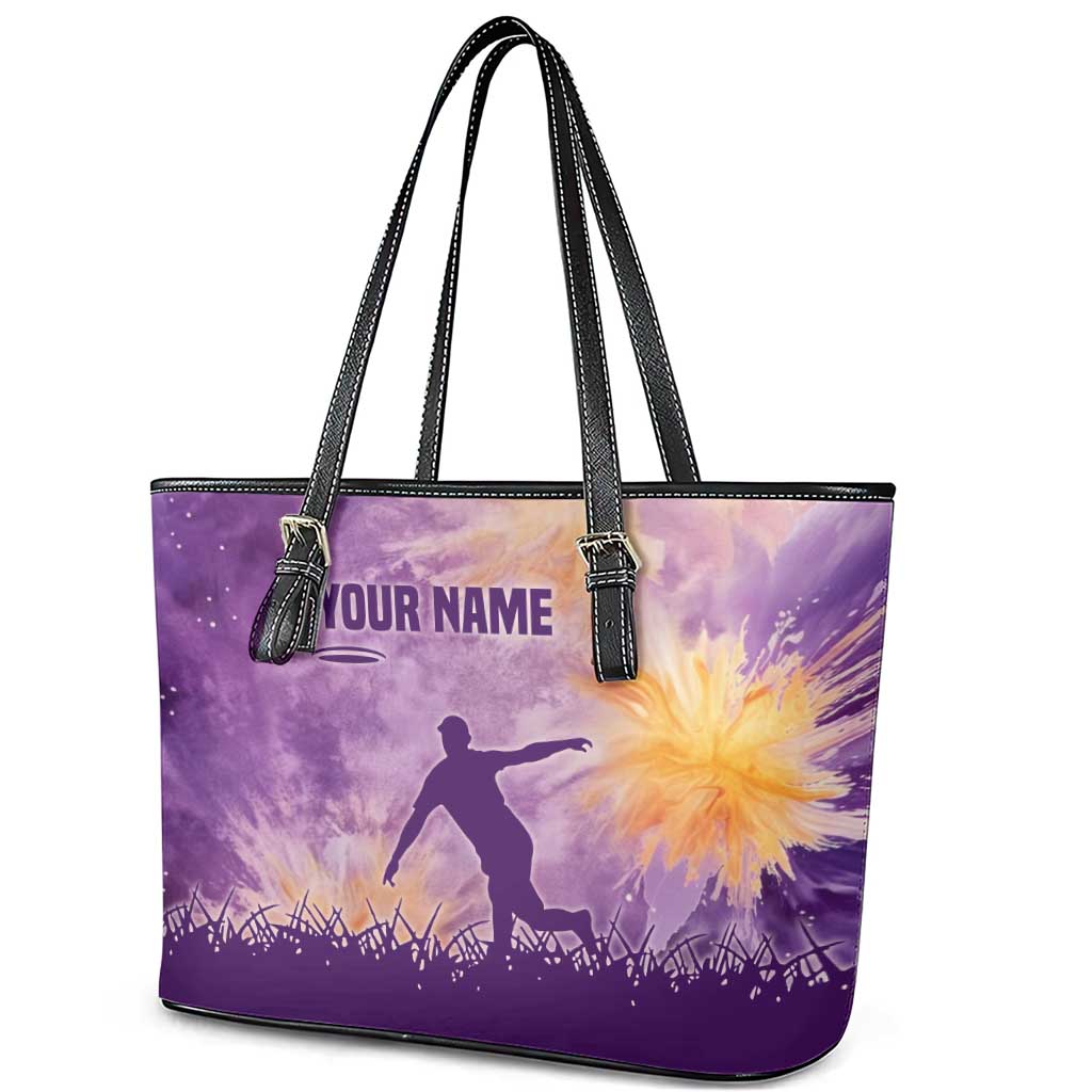 Custom Disc Golf Leather Tote Bag with Purple Sunset Tie Dye Basket and Player Silhouette - Wonder Print Shop