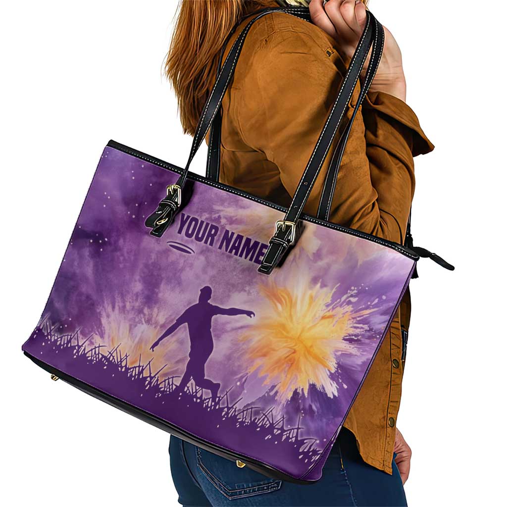 Custom Disc Golf Leather Tote Bag with Purple Sunset Tie Dye Basket and Player Silhouette - Wonder Print Shop