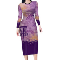 Custom Disc Golf Long Sleeve Bodycon Dress with Purple Sunset Tie Dye Basket and Player Silhouette - Wonder Print Shop