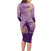 Custom Disc Golf Long Sleeve Bodycon Dress with Purple Sunset Tie Dye Basket and Player Silhouette - Wonder Print Shop