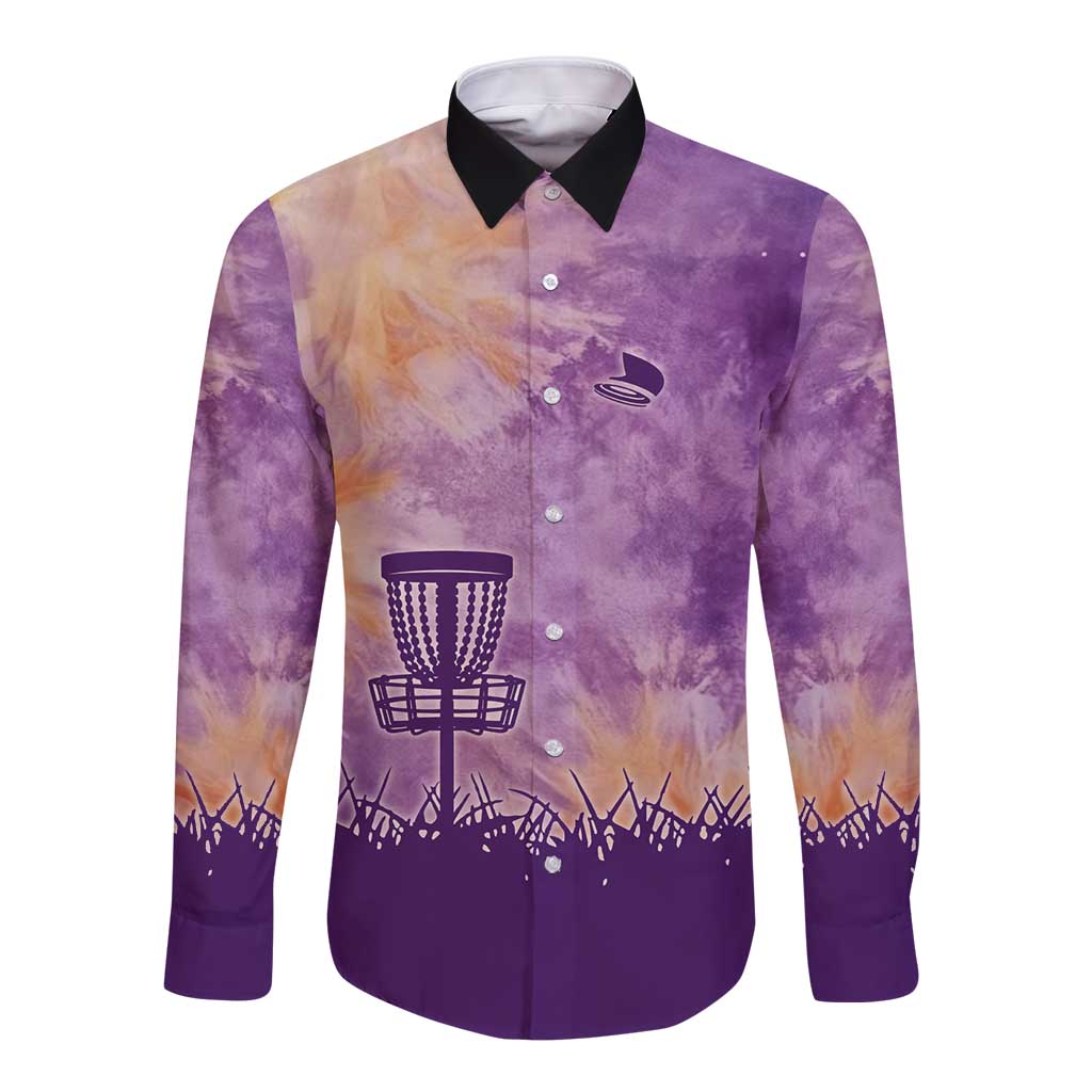 Custom Disc Golf Long Sleeve Button Shirt with Purple Sunset Tie Dye Basket and Player Silhouette - Wonder Print Shop