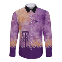 Custom Disc Golf Long Sleeve Button Shirt with Purple Sunset Tie Dye Basket and Player Silhouette - Wonder Print Shop