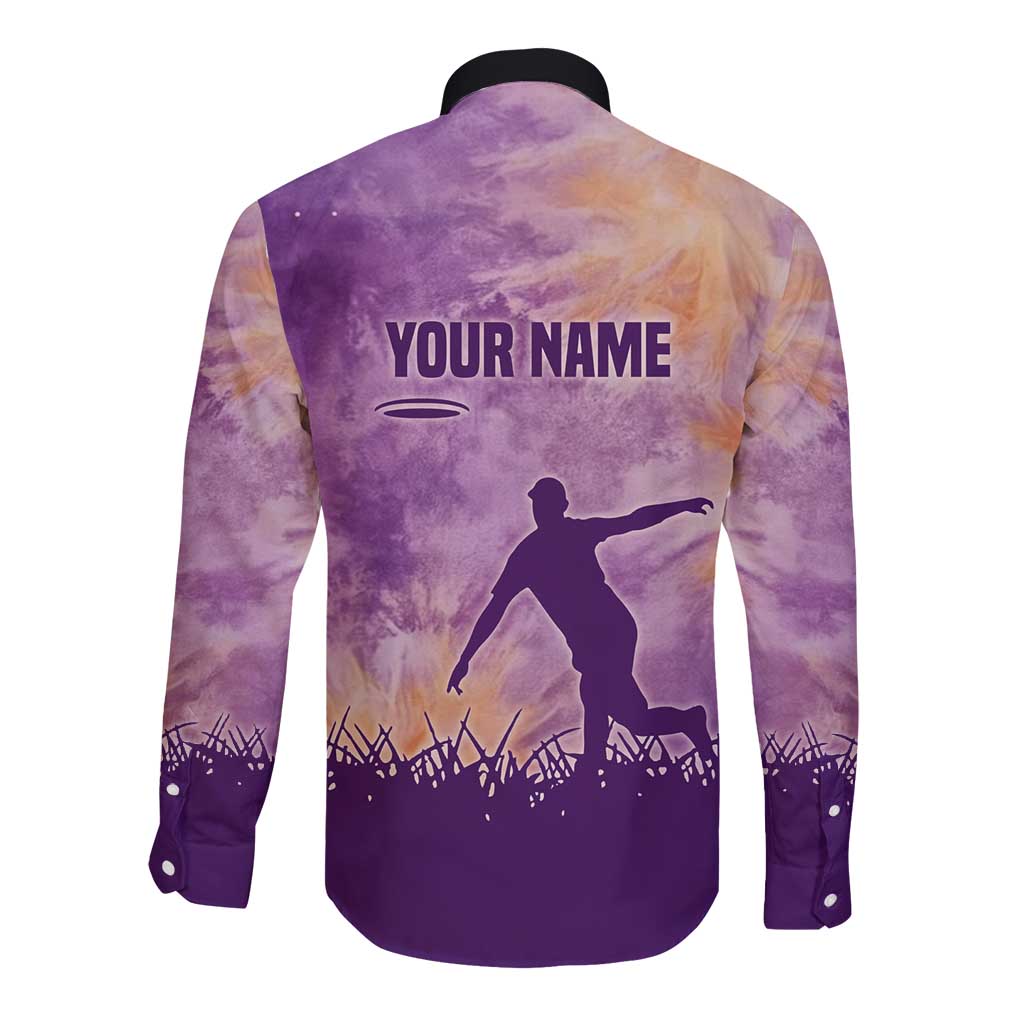 Custom Disc Golf Long Sleeve Button Shirt with Purple Sunset Tie Dye Basket and Player Silhouette - Wonder Print Shop