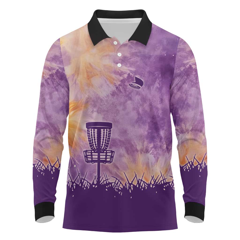 Custom Disc Golf Long Sleeve Polo Shirt with Purple Sunset Tie Dye Basket and Player Silhouette - Wonder Print Shop
