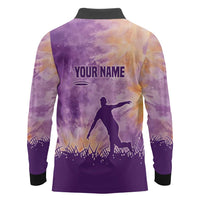 Custom Disc Golf Long Sleeve Polo Shirt with Purple Sunset Tie Dye Basket and Player Silhouette - Wonder Print Shop