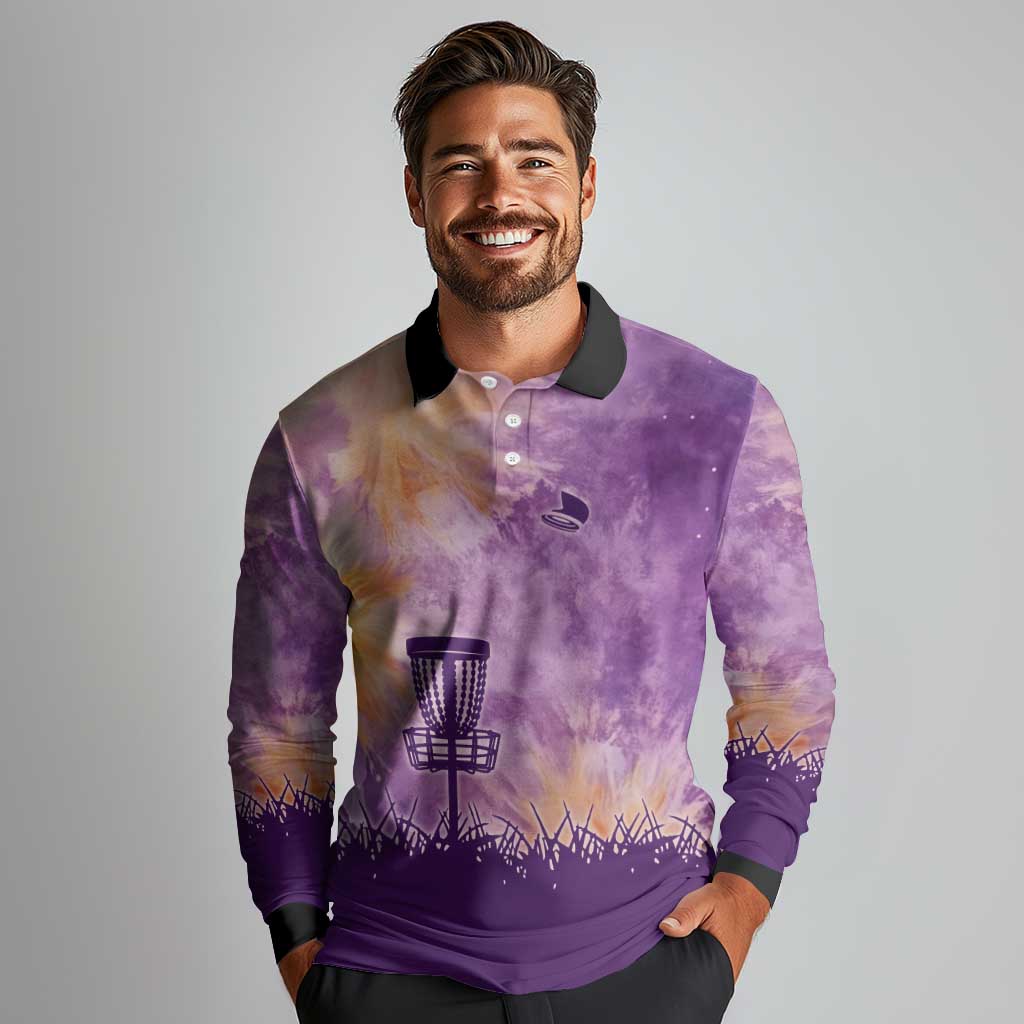 Custom Disc Golf Long Sleeve Polo Shirt with Purple Sunset Tie Dye Basket and Player Silhouette - Wonder Print Shop