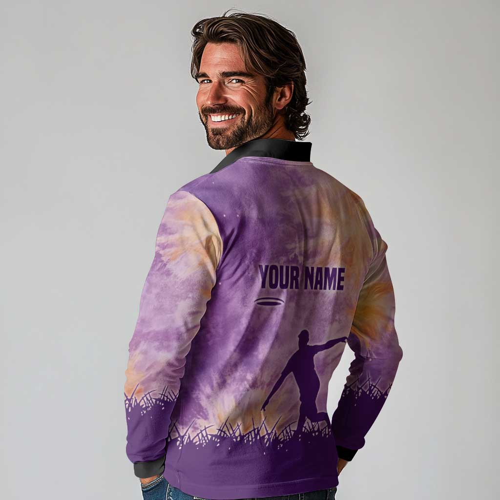 Custom Disc Golf Long Sleeve Polo Shirt with Purple Sunset Tie Dye Basket and Player Silhouette - Wonder Print Shop
