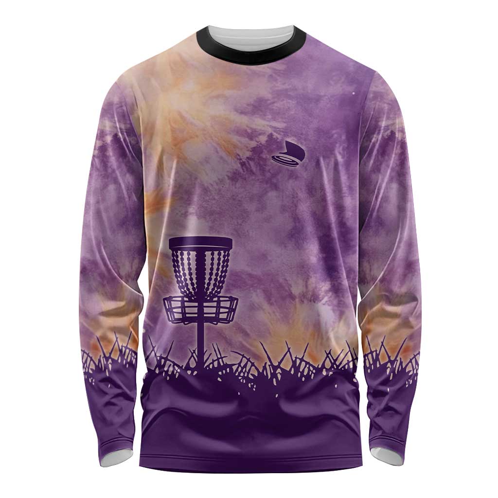 Custom Disc Golf Long Sleeve Shirt with Purple Sunset Tie Dye Basket and Player Silhouette - Wonder Print Shop