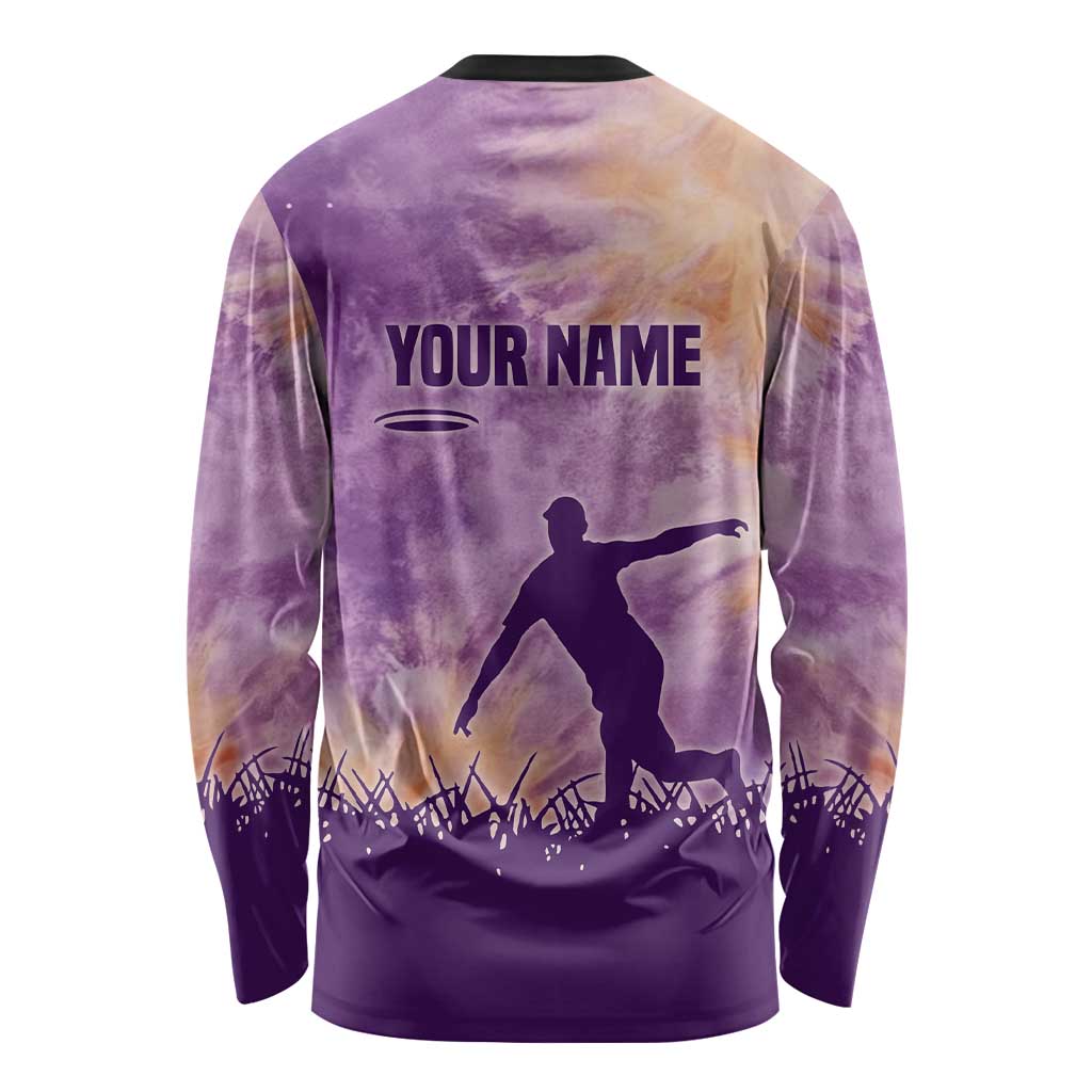 Custom Disc Golf Long Sleeve Shirt with Purple Sunset Tie Dye Basket and Player Silhouette - Wonder Print Shop