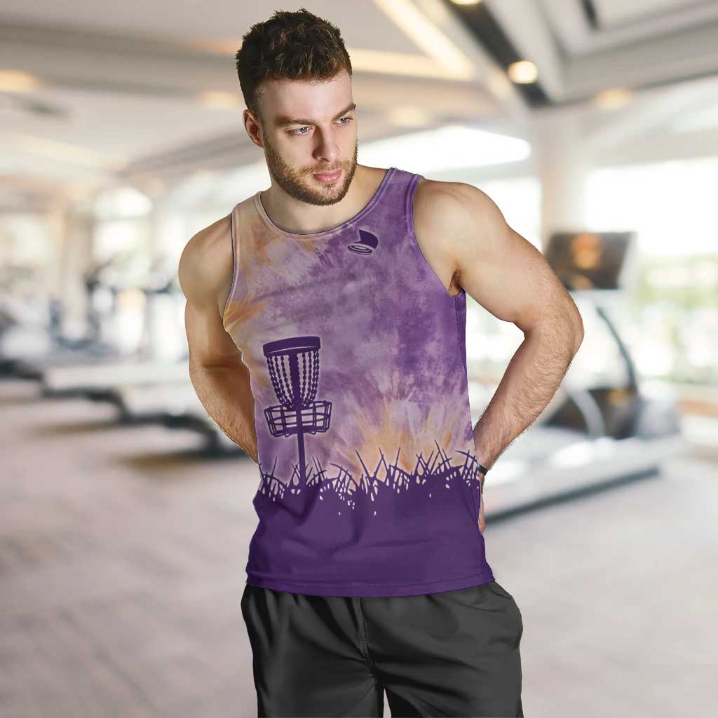 Custom Disc Golf Men Tank Top with Purple Sunset Tie Dye Basket and Player Silhouette - Wonder Print Shop