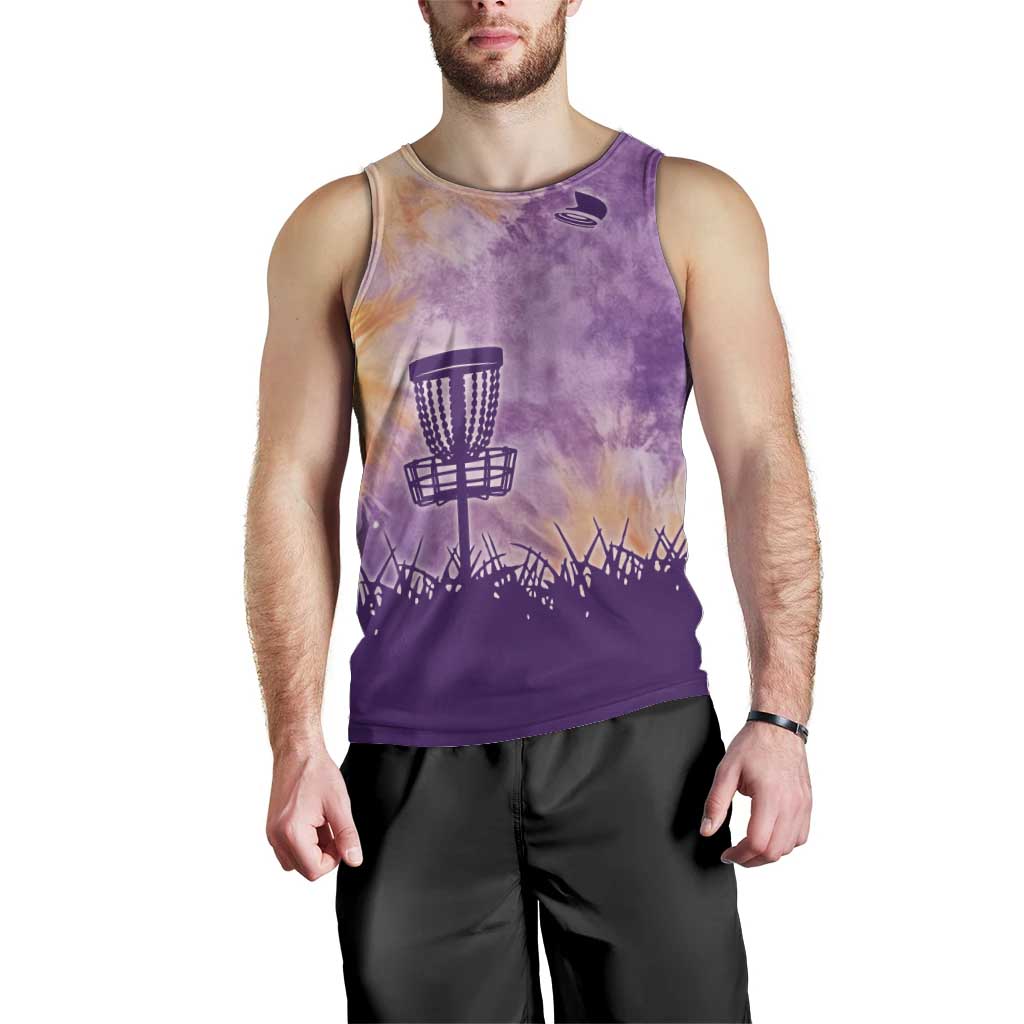 Custom Disc Golf Men Tank Top with Purple Sunset Tie Dye Basket and Player Silhouette - Wonder Print Shop