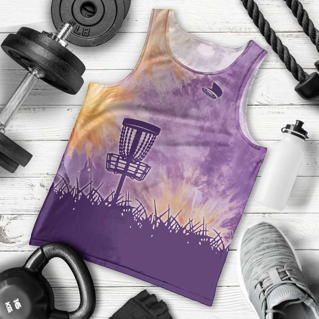 Custom Disc Golf Men Tank Top with Purple Sunset Tie Dye Basket and Player Silhouette - Wonder Print Shop