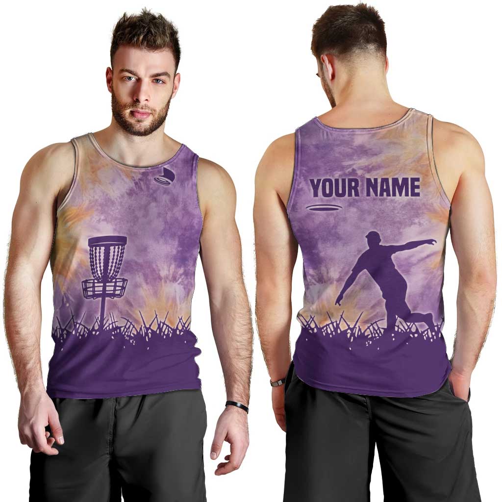 Custom Disc Golf Men Tank Top with Purple Sunset Tie Dye Basket and Player Silhouette - Wonder Print Shop