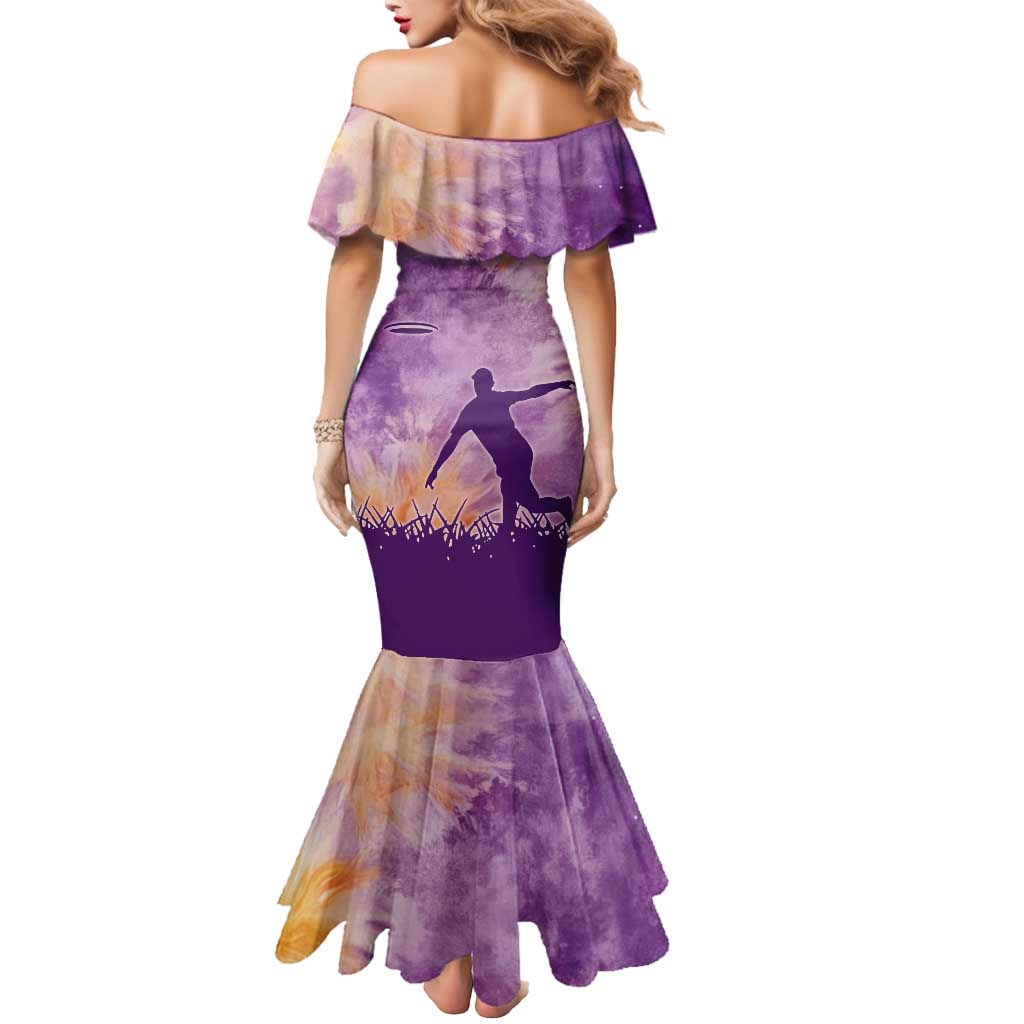Custom Disc Golf Mermaid Dress with Purple Sunset Tie Dye Basket and Player Silhouette - Wonder Print Shop