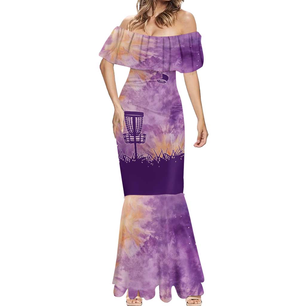 Custom Disc Golf Mermaid Dress with Purple Sunset Tie Dye Basket and Player Silhouette - Wonder Print Shop