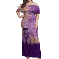 Custom Disc Golf Off Shoulder Maxi Dress with Purple Sunset Tie Dye Basket and Player Silhouette - Wonder Print Shop