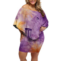 Custom Disc Golf Off Shoulder Short Dress with Purple Sunset Tie Dye Basket and Player Silhouette - Wonder Print Shop